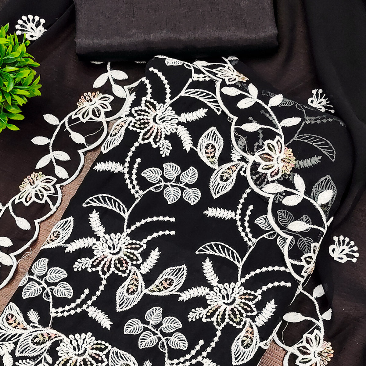 Black Georgette Dress Material Accented With Floral Thread Work