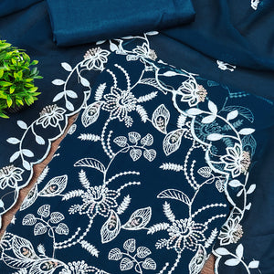 Blue Georgette Dress Material Accented With Floral Thread Work