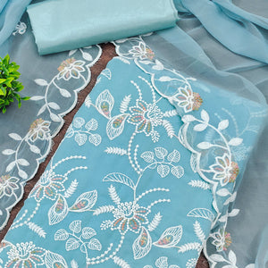 Sky Blue Georgette Dress Material Accented With Floral Thread Work