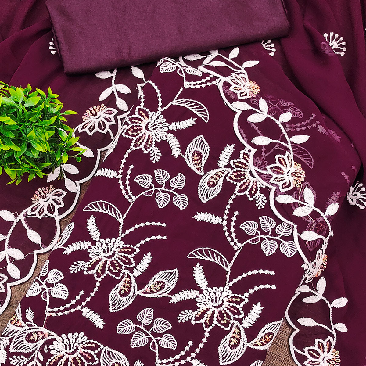 Wine Georgette Dress Material Accented With Floral Thread Work