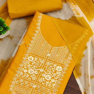 Mustard Floral Thread Embroidered Cotton Blend Dress Material With Sequins Work