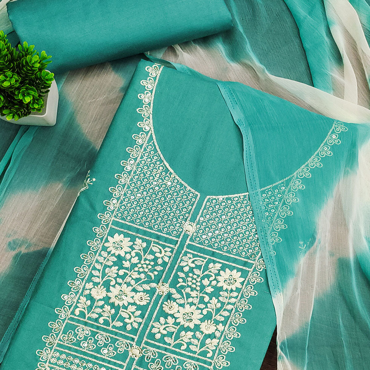 Turquoise Floral Thread Embroidered Cotton Blend Dress Material With Sequins Work