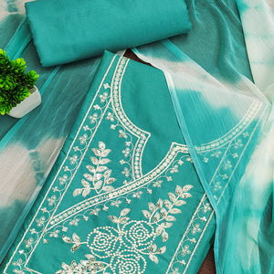 Turquoise Cotton Blend Dress Material Highlighted With Floral Thread & Sequins Work