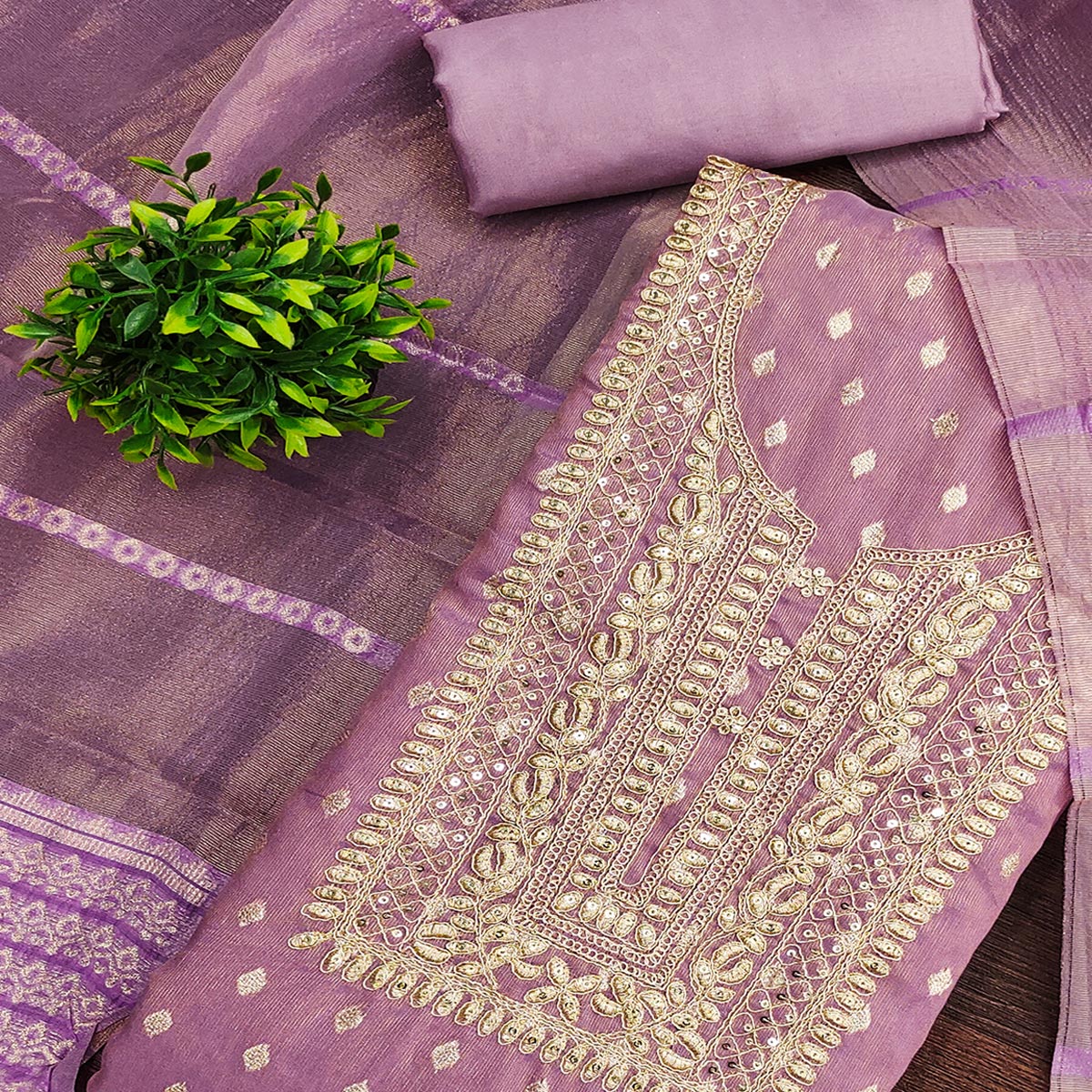 Classic Lavender Butti Weaving Shimmer Dress Material Enhanced With Sequins Cording Embroidery