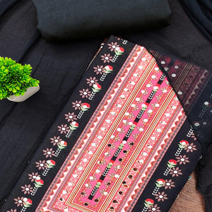 Black Floral Printed Rayon Fabric Set with Decorative Mirror Work for a Festive Look