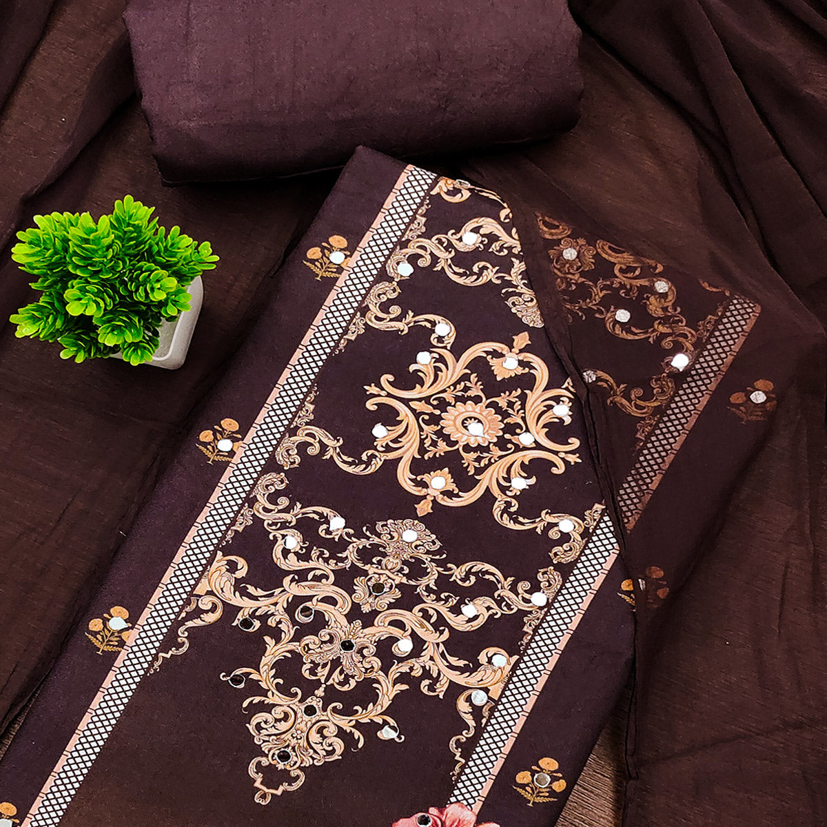 Brown Floral Digital Printed Rayon Dress Material Enhanced With Mirror Work