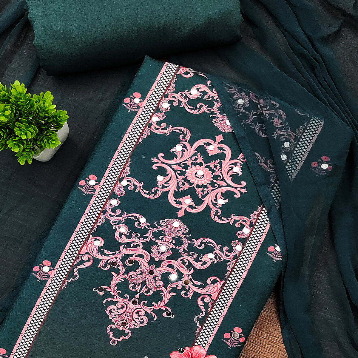 Green Floral Digital Printed Rayon Dress Material Enhanced With Mirror Work