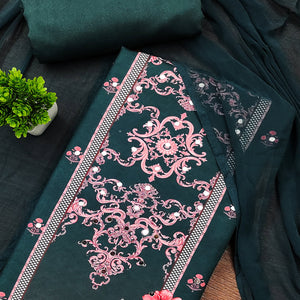 Green Floral Digital Printed Rayon Dress Material Enhanced With Mirror Work