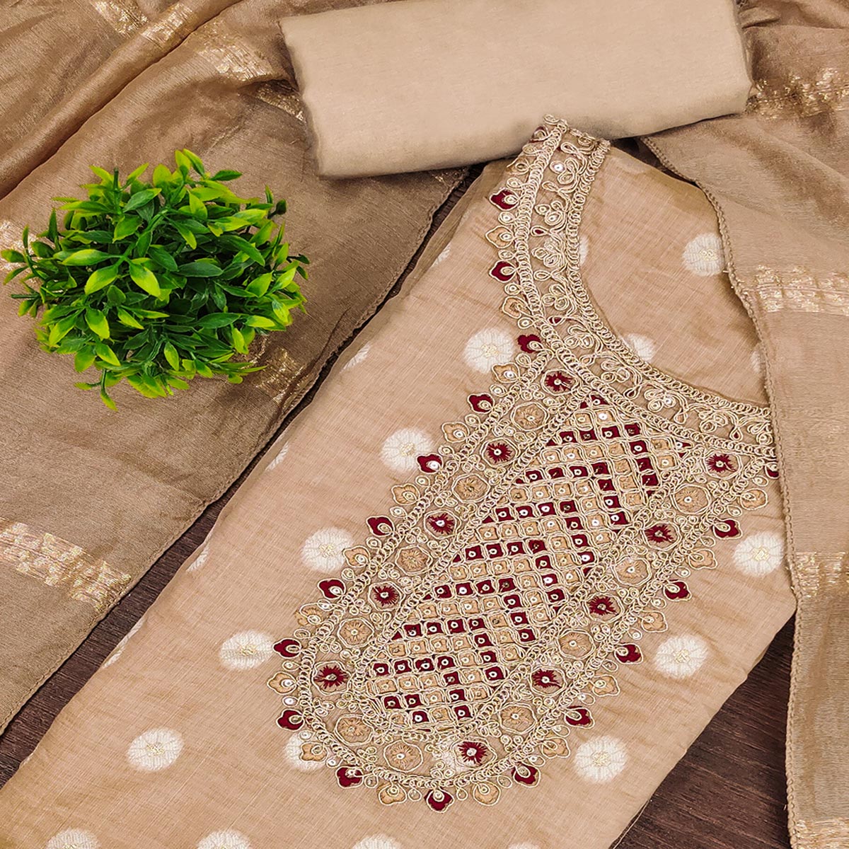 Graceful Light Brown Jacquard Dress Material Featuring Floral Weaving & Sequins Cording Embroidery