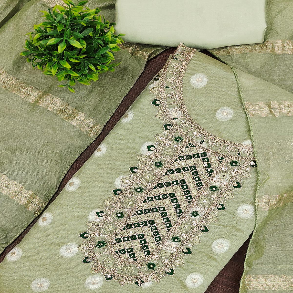 Graceful Pista Green Jacquard Dress Material Featuring Floral Weaving & Sequins Cording Embroidery