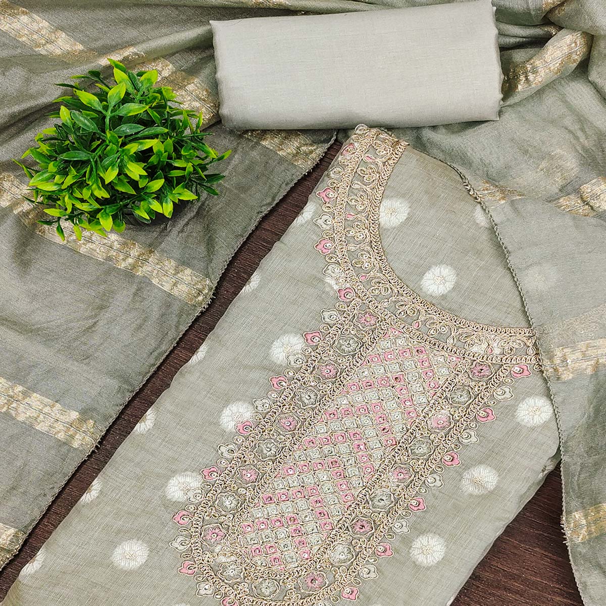 Graceful Sage Green Jacquard Dress Material Featuring Floral Weaving & Sequins Cording Embroidery