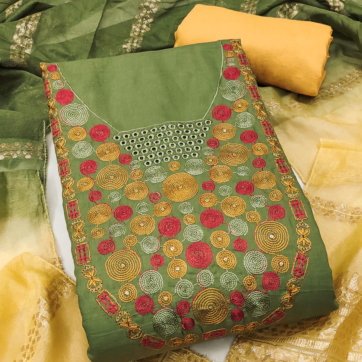 Charming Green Thread Embroidered Cotton Blend Dress Material With Sequins & Gota Patti Accents