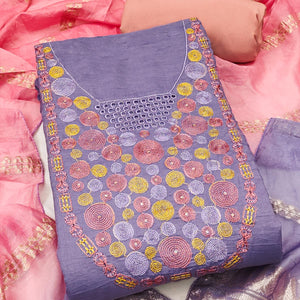 Charming Lavender Thread Embroidered Cotton Blend Dress Material With Sequins & Gota Patti Accents