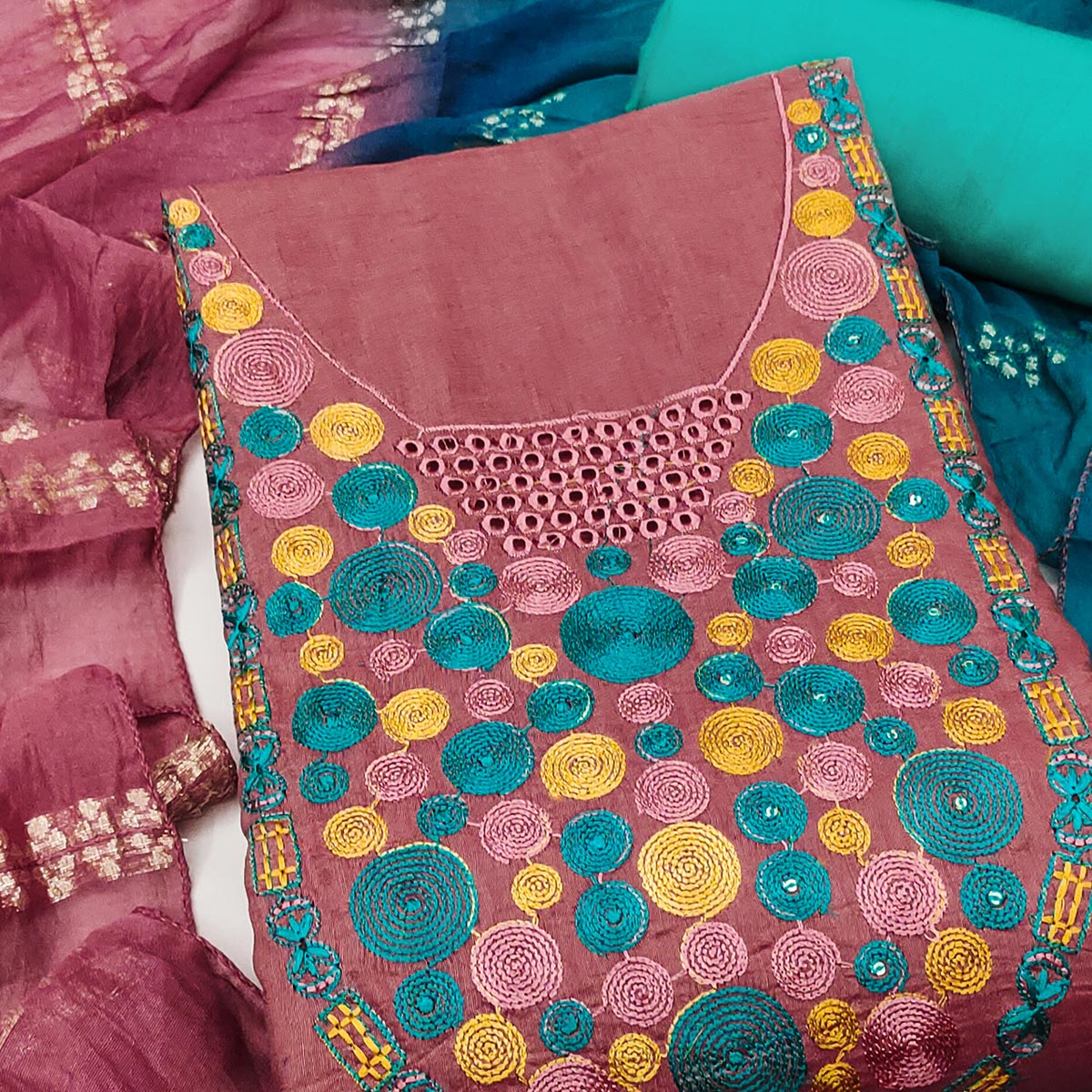 Charming Pink Thread Embroidered Cotton Blend Dress Material With Sequins & Gota Patti Accents