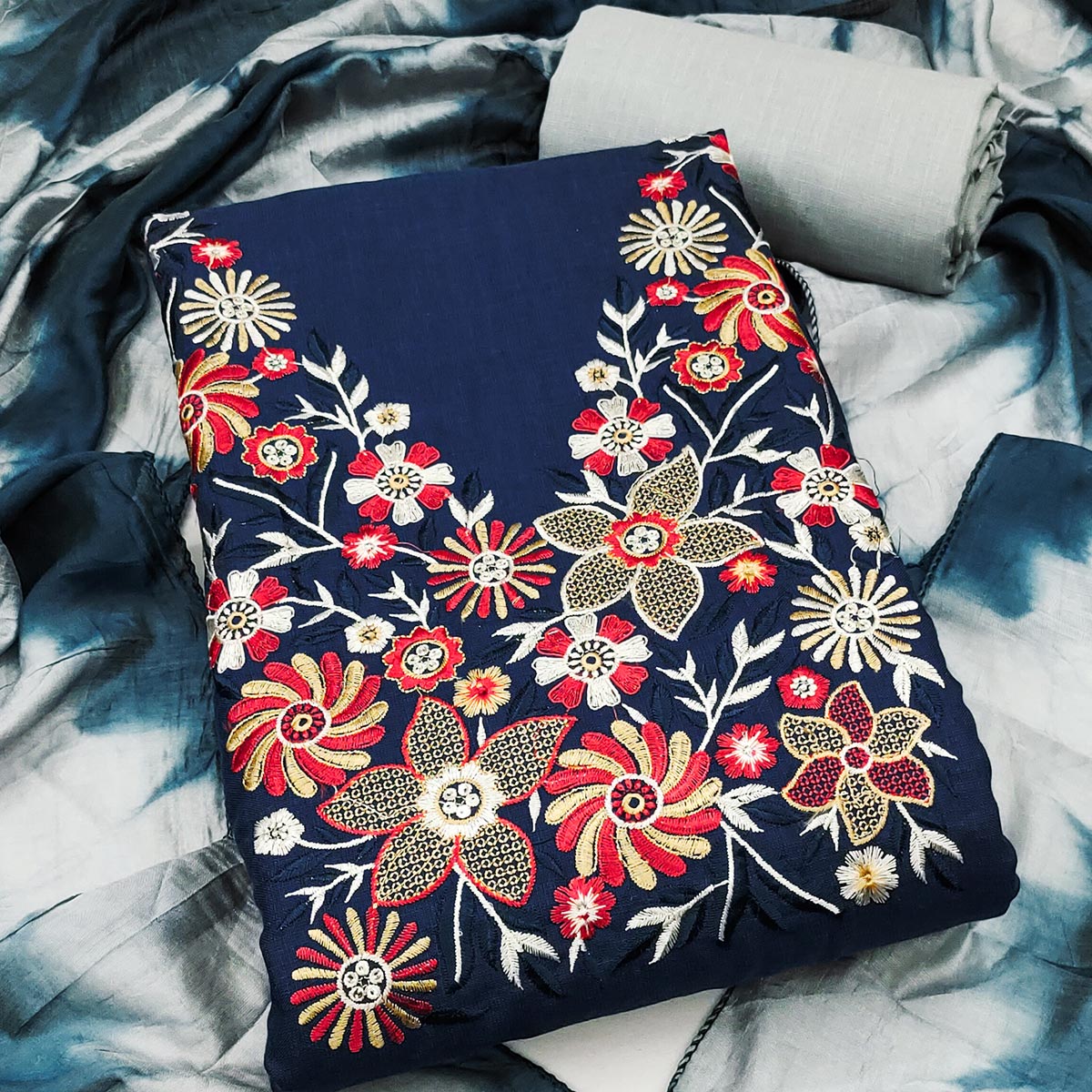 Elegant Blue Floral Thread Embroidered Cotton Blend Dress Material With Gota Patti Work