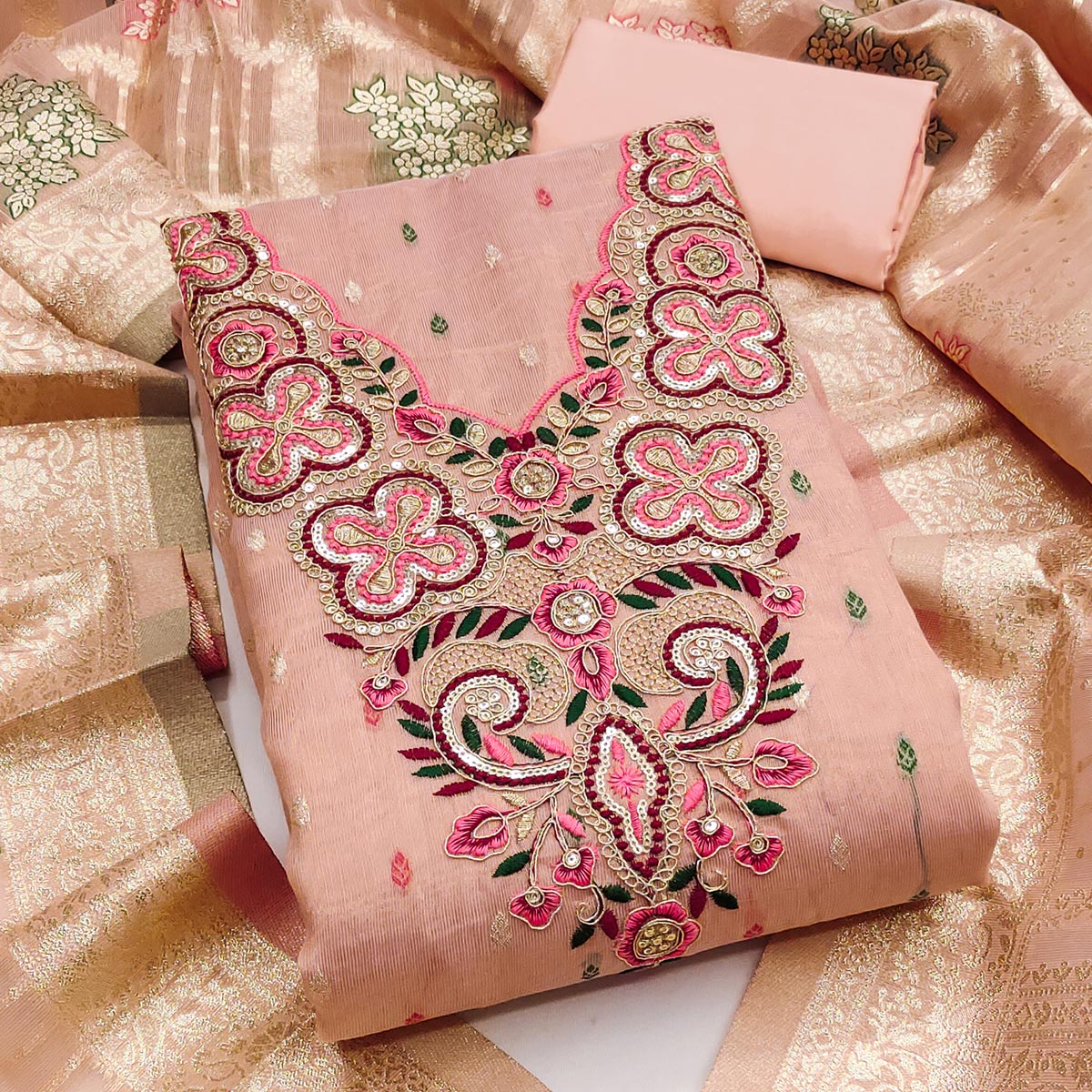 Stylish Pink Floral Cording Embroidered Shimmer Dress Material Enhanced With Butti Weaving Work