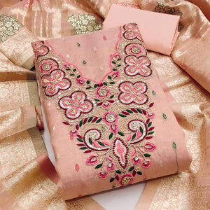 Stylish Pink Floral Cording Embroidered Shimmer Dress Material Enhanced With Butti Weaving Work