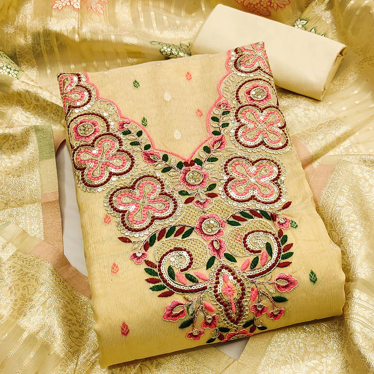 Stylish Yellow Floral Cording Embroidered Shimmer Dress Material Enhanced With Butti Weaving Work