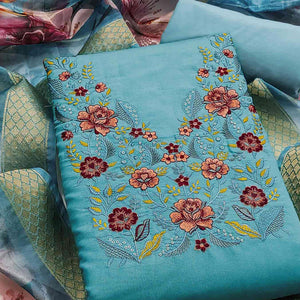 Majestic Blue Bloom Floral Thread & Sequins Embroidered Roman Cotton Silk Dress Material