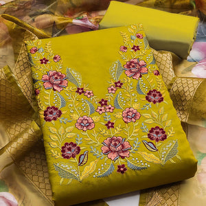 Majestic Green Bloom Floral Thread & Sequins Embroidered Roman Cotton Silk Dress Material