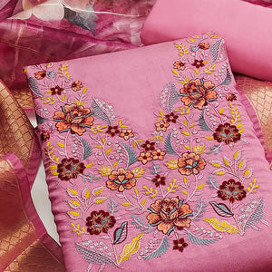 Majestic Pink Bloom Floral Thread & Sequins Embroidered Roman Cotton Silk Dress Material