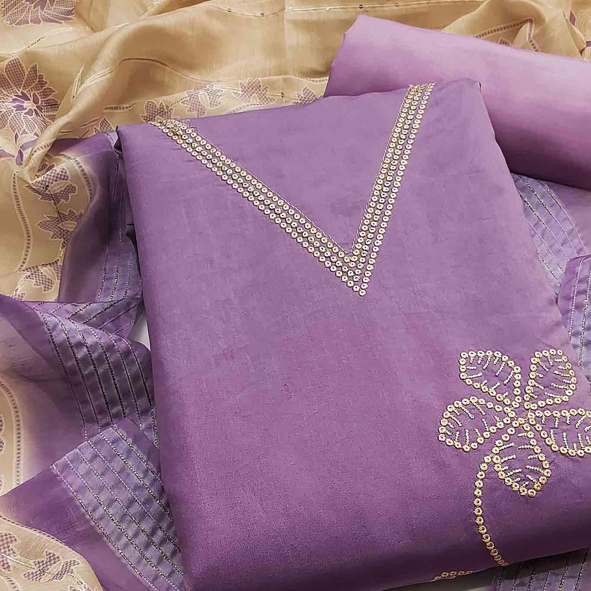 Sophisticated Lavender Floral Embroidered Roman Cotton Silk Dress Material With Shimmering Sequins