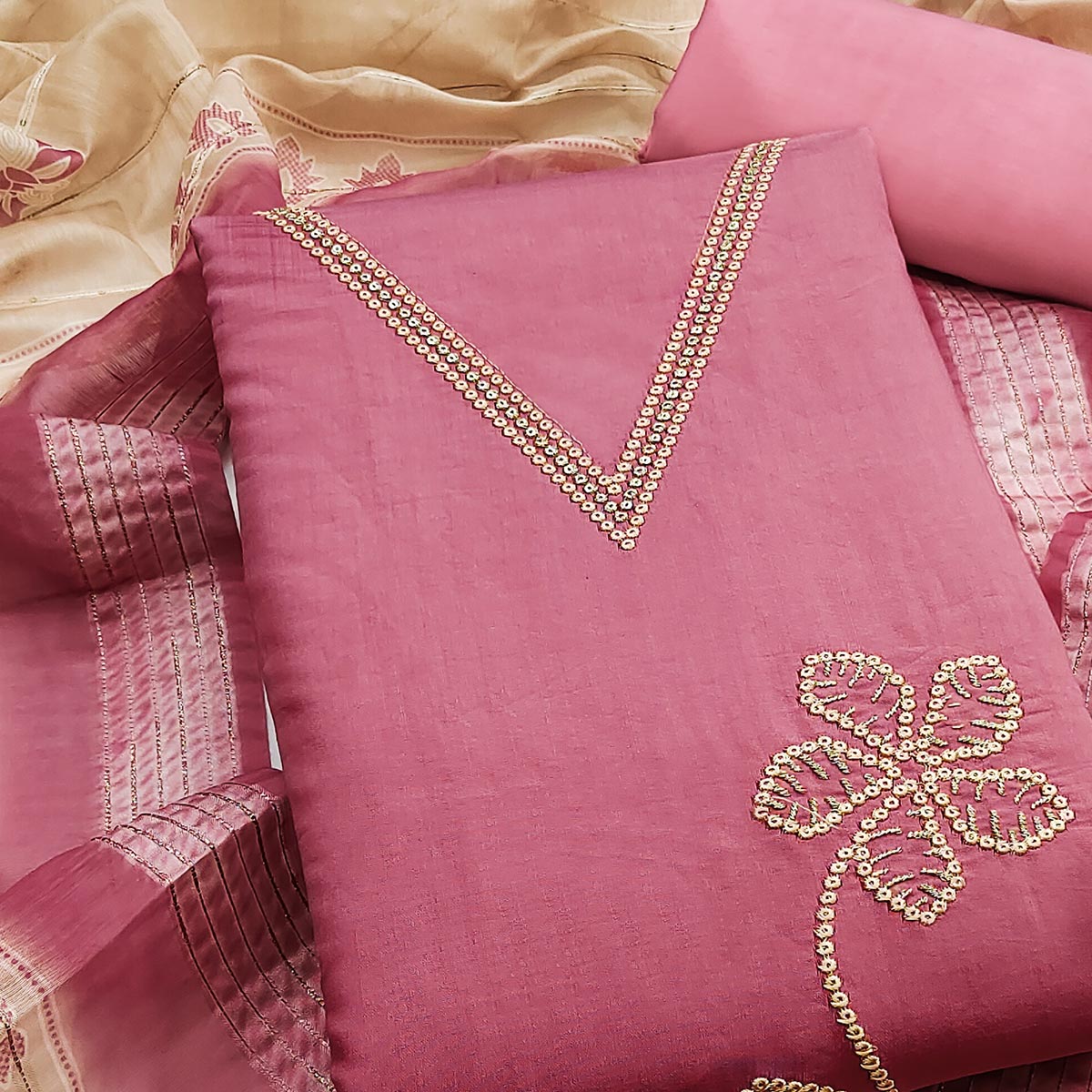 Sophisticated Pink Floral Embroidered Roman Cotton Silk Dress Material With Shimmering Sequins