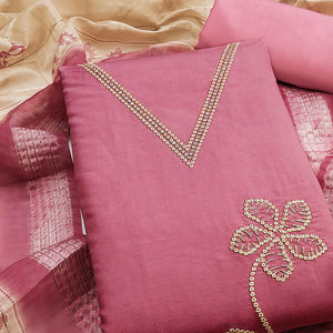 Sophisticated Pink Floral Embroidered Roman Cotton Silk Dress Material With Shimmering Sequins