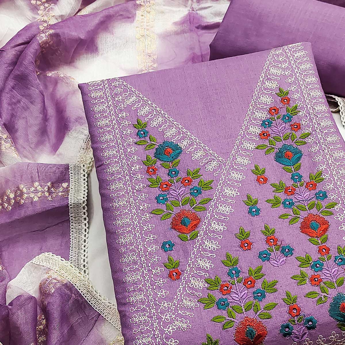 Opulent Grace Lavender Cotton Blend Dress Material Adorned With Floral Thread & Sequins Work