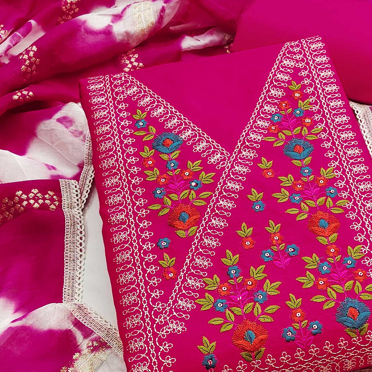 Opulent Grace Pink Cotton Blend Dress Material Adorned With Floral Thread & Sequins Work