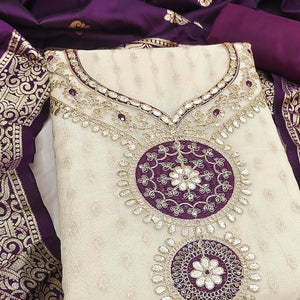 Cream & Purple Shimmer Dress Material Featuring Intricate Zari Weaving With Cording Embroidery