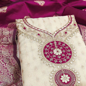 Cream & Wine Shimmer Dress Material Featuring Intricate Zari Weaving With Cording Embroidery