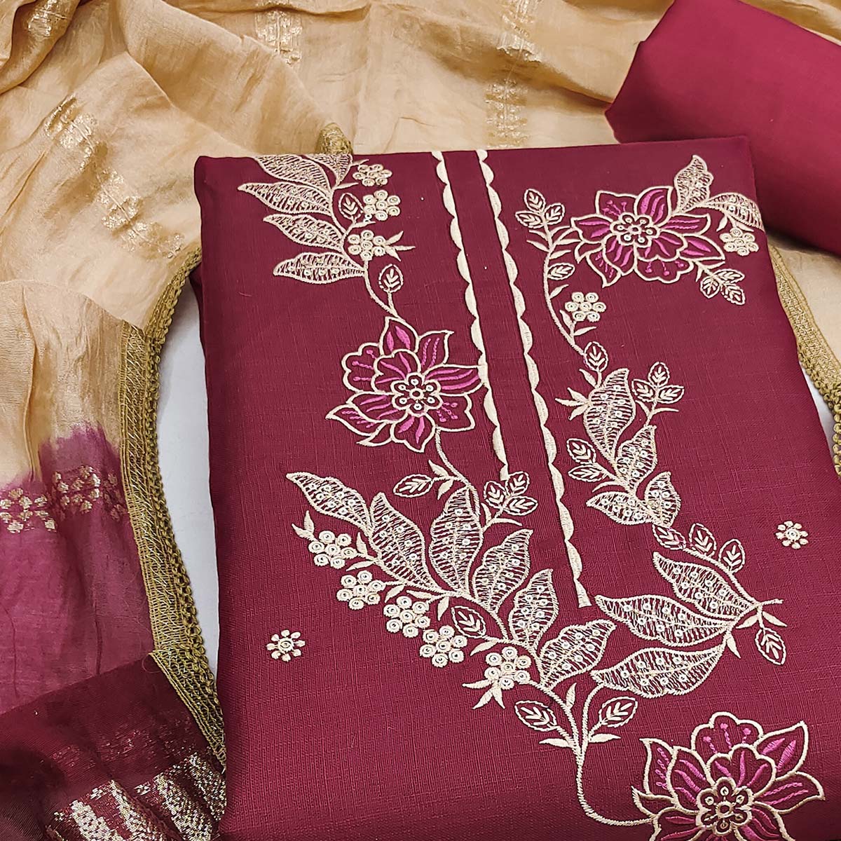 Maroon Cotton Blend Dress Material Adorned With Elegant Floral Embroidery & Sequins Detailing