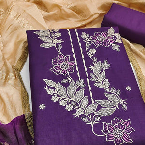 Purple Cotton Blend Dress Material Adorned With Elegant Floral Embroidery & Sequins Detailing