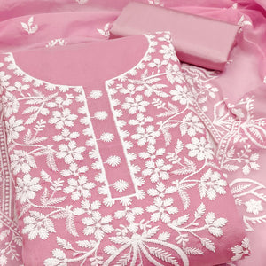 Designer Pink Floral Thread Embroidered Chanderi Cotton Dress Material