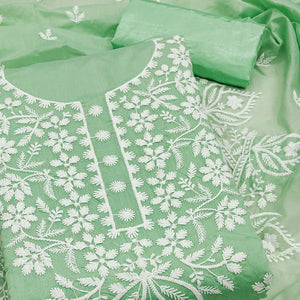 Designer Sea Green Floral Thread Embroidered Chanderi Cotton Dress Material