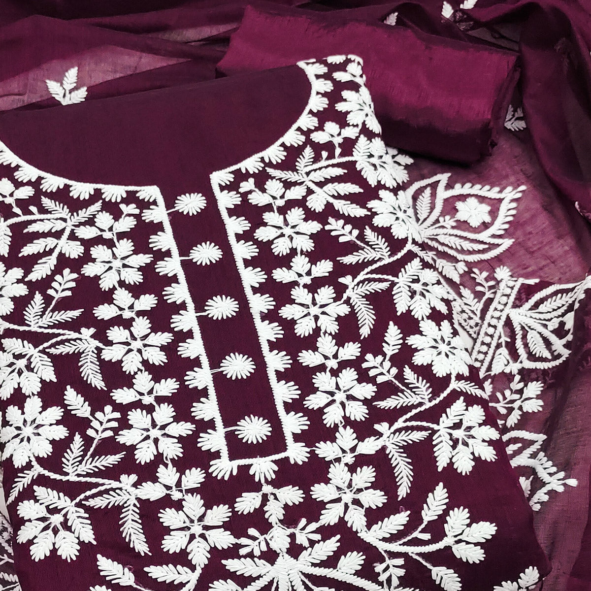 Designer Wine Floral Thread Embroidered Chanderi Cotton Dress Material
