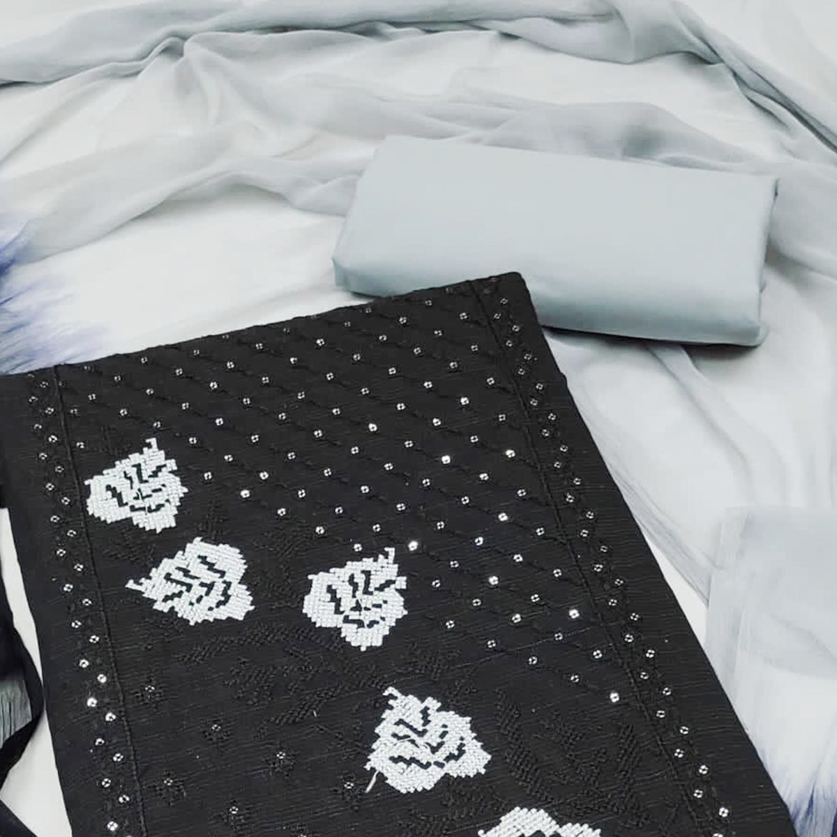 Black Cotton Blend Dress Material Featuring Thread Embroidery & Sequins Embellishment