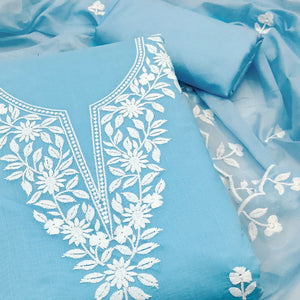 Blue Chanderi Cotton Dress Material With Delicate Floral Thread Embroidery
