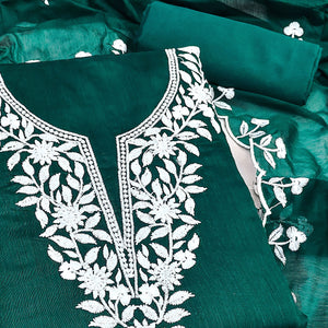 Green Chanderi Cotton Dress Material With Delicate Floral Thread Embroidery