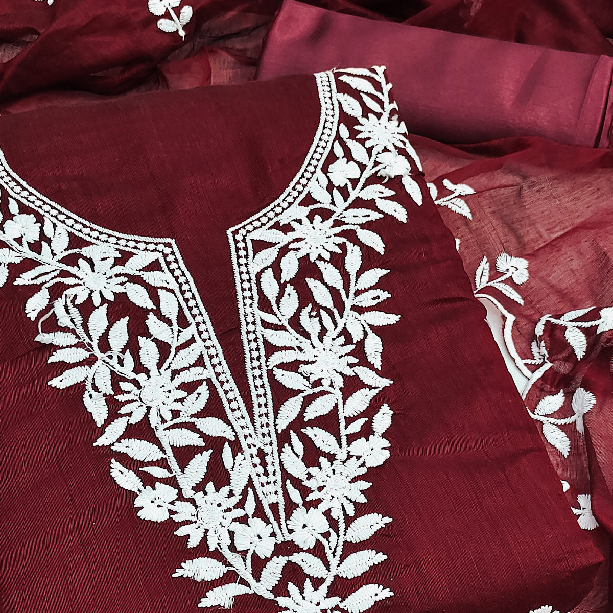 Maroon Chanderi Cotton Dress Material With Delicate Floral Thread Embroidery