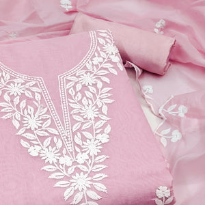 Pink Chanderi Cotton Dress Material With Delicate Floral Thread Embroidery