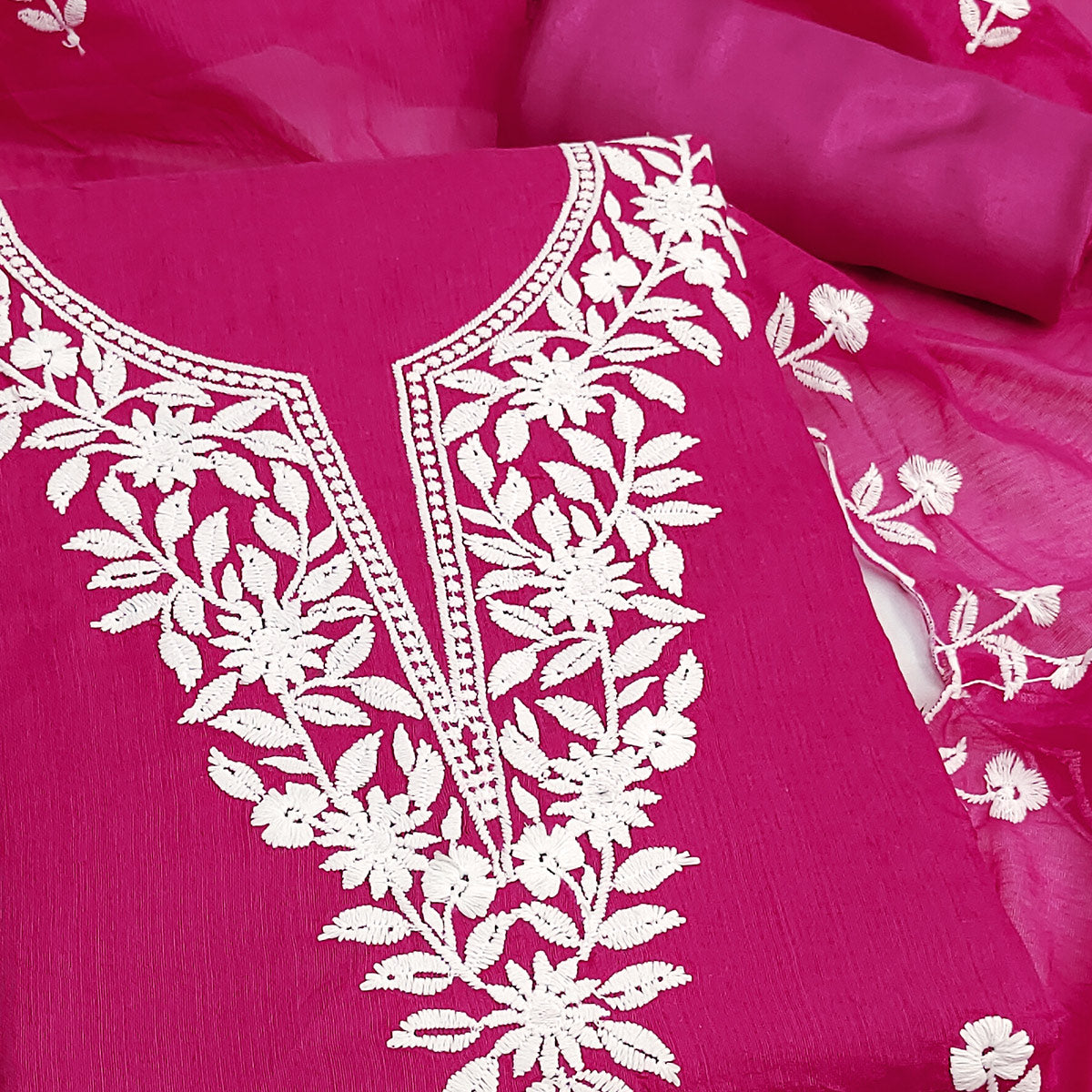 Rani Pink Chanderi Cotton Dress Material With Delicate Floral Thread Embroidery