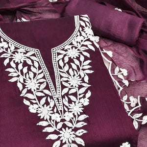 Wine Chanderi Cotton Dress Material With Delicate Floral Thread Embroidery