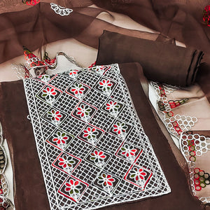 Brown Floral Embroidered Organza Dress Material