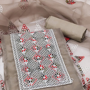 Grey Floral Embroidered Organza Dress Material