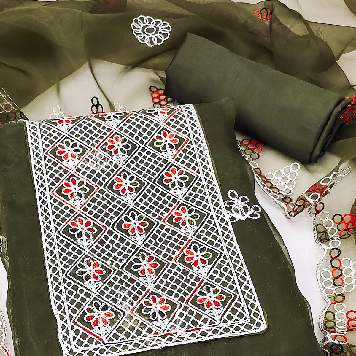 Mehendi Green Floral Embroidered Organza Dress Material