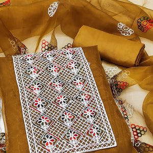 Mustard Floral Embroidered Organza Dress Material