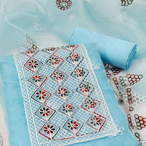 Sky Blue Floral Embroidered Organza Dress Material
