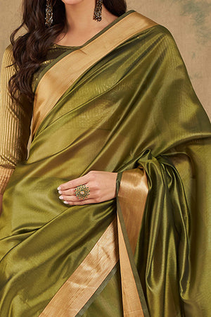 Green Organza Saree In Organza With Delicate Weaving Border And Tassel Details